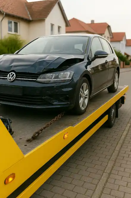 Defektes Fahrzeug wird für den Autoankauf in Kehl professionell abgeschleppt und begutachtet.
